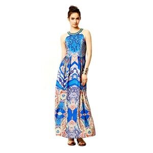 Ranna Gill Blue Paisley Beaded Halter Maxi Dress Size 0 Boho Pleated Formal Gown